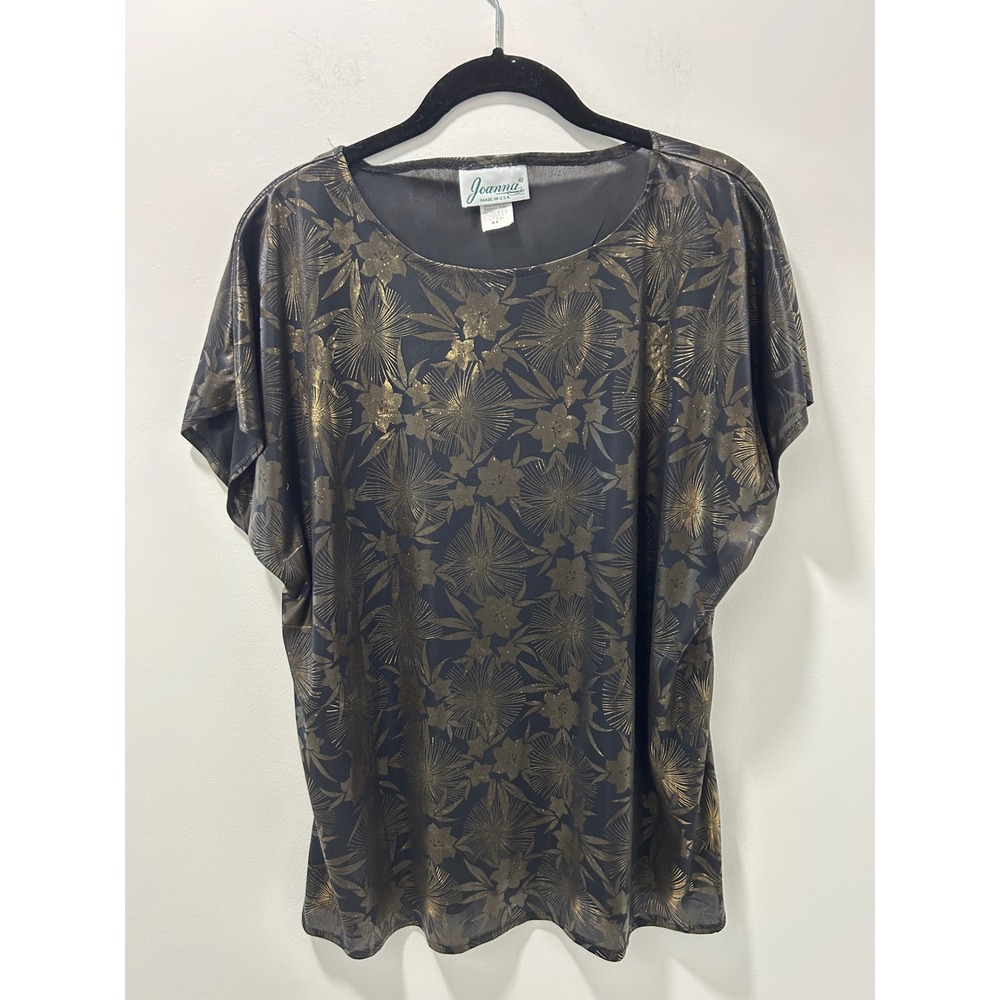 Vintage Joanna Gold Metallic Floral Sheer Black Dolman Sleeve Blouse Made in USA